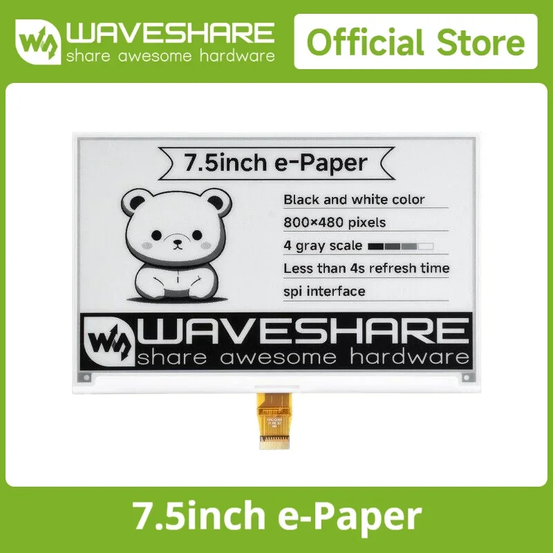 

Waveshare 7,5-дюймовый дисплей E-Ink Raw 800x480, черно-белый SPI, совместимый с Raspberry Pi 3B/3B+/Zero/Zero с Arduino/Esp32