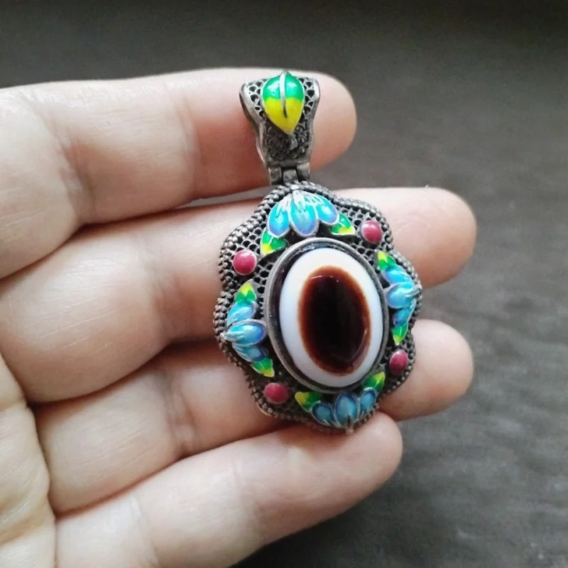 Vintage Patina Old Silver Inlaid Eye-Shaped Dzi Bead Hanging Ornament Cloisonné Necklace Pendant