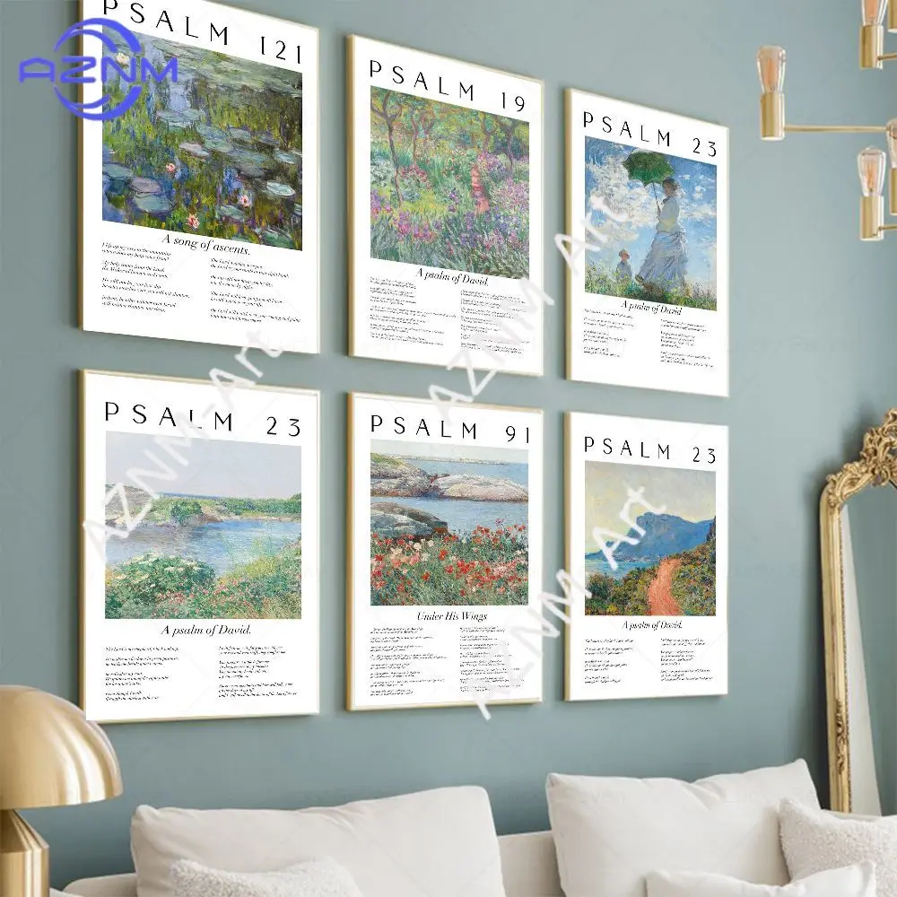 Scripture Psalm Collection Monet Van Gogh Famous Watercolor Painting Print Bible Verse Canvas Poster Christian Home Wall Decor