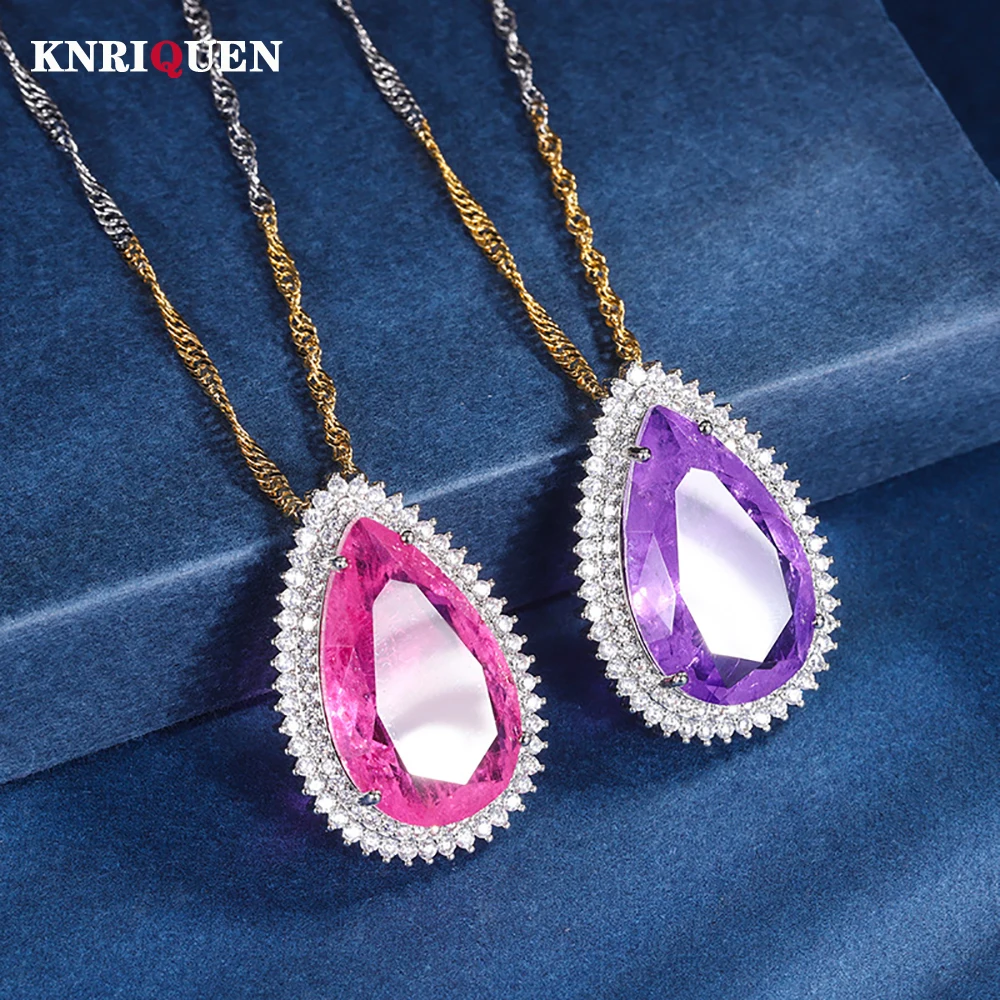 

Luxury 15*25mm Pink Quartz Amethyst Pendant Necklaces for Women High Carbon Diamond Gemstone Party Fine Jewelry Gift Accessories