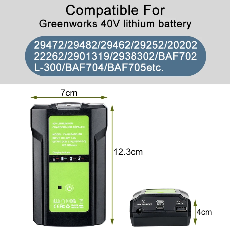 For GreenWorks For Ryobi 40V Lithium Battery Battery Adapter With LED Light Type C Port USB Port