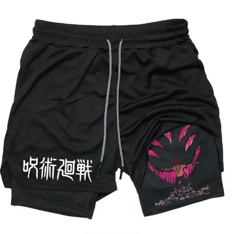 

Jujutsu Kaisen Anime Men's Black Sport Shorts with Sukuna Pink Demon Face Print White Jujutsu Kaisen Text Elastic Drawstring