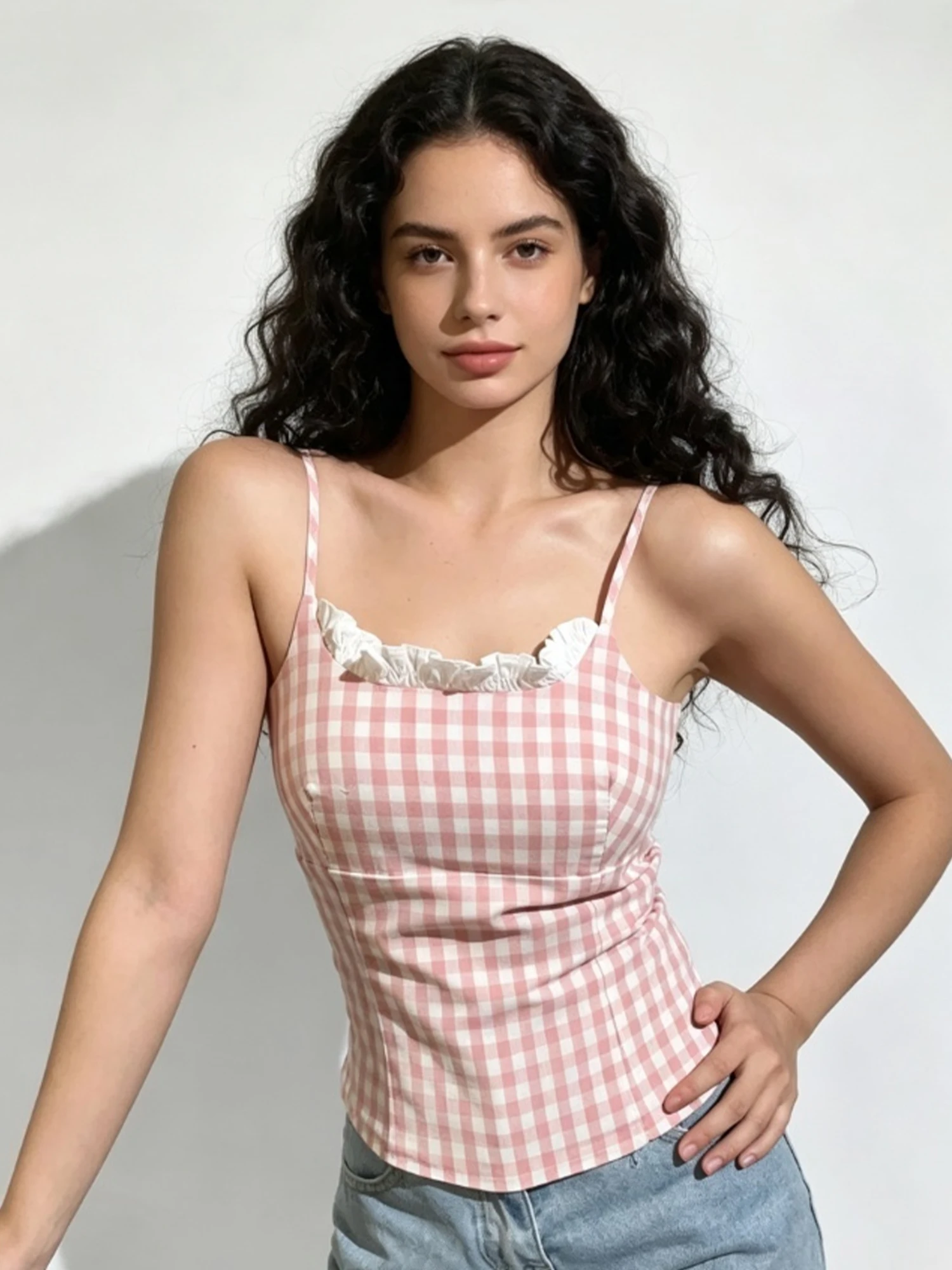 Women's Pink Plaid Tank Top Y2K Gyaru Cropped Top Sleeveless Off Shoulder Camisole Vacation Style Lace Cami Top for Women Summer
