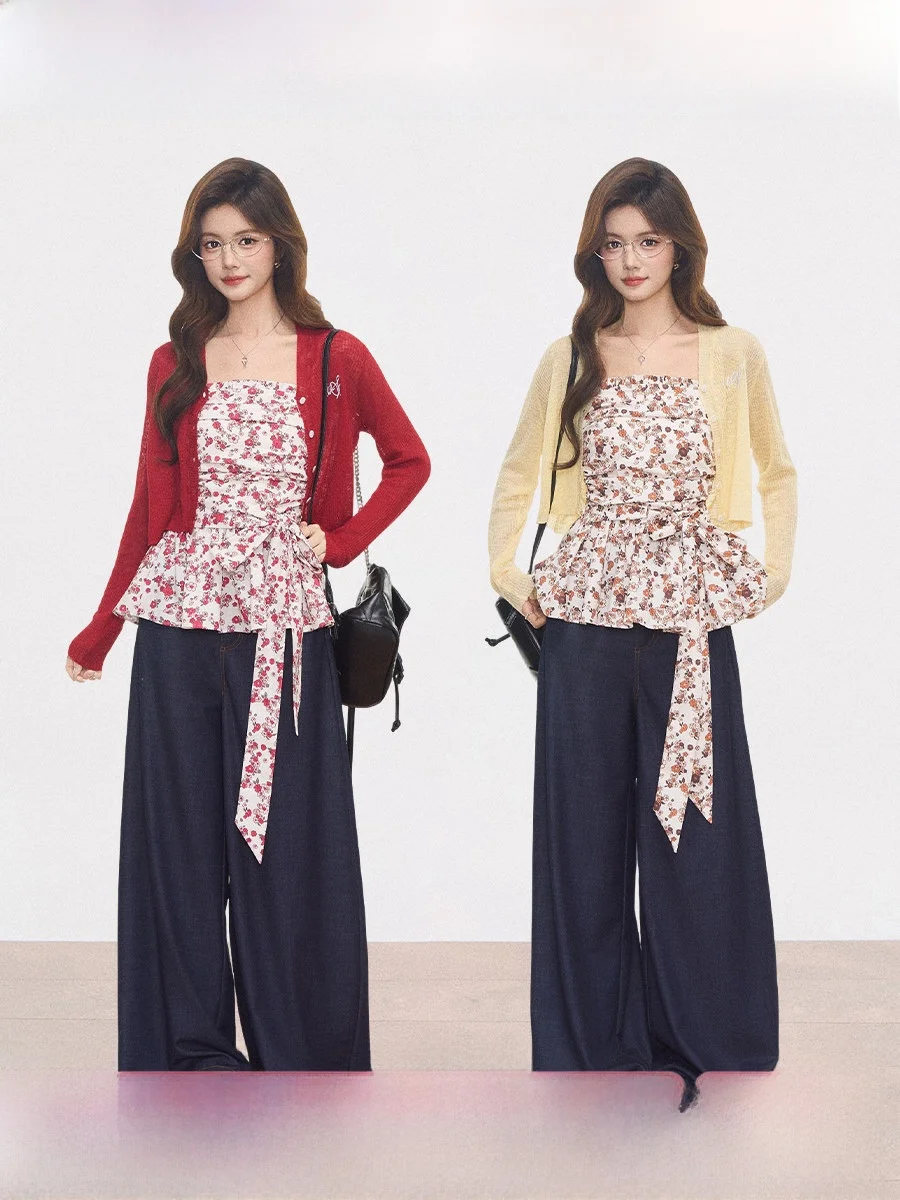 

WESTAYONE Новый комплект: вязаный кардиган с защитой от солнца, платье-халтер с цветочным принтом, джинсовые брюки с широкими штанинами. Женский модный комплект для лета и осени.