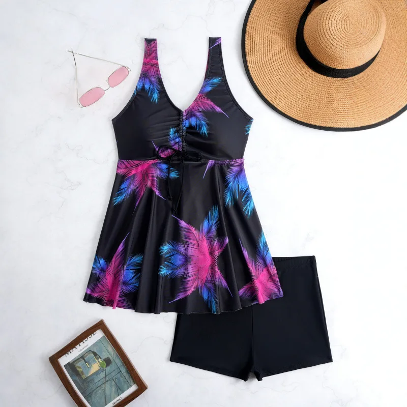 2‑Piece Tankini Swimsuit V‑Neck Flowy Swim Dress Palm Leaf Print With Boyshort Bottom Conservative Bathing Suit Beach Swimwear
