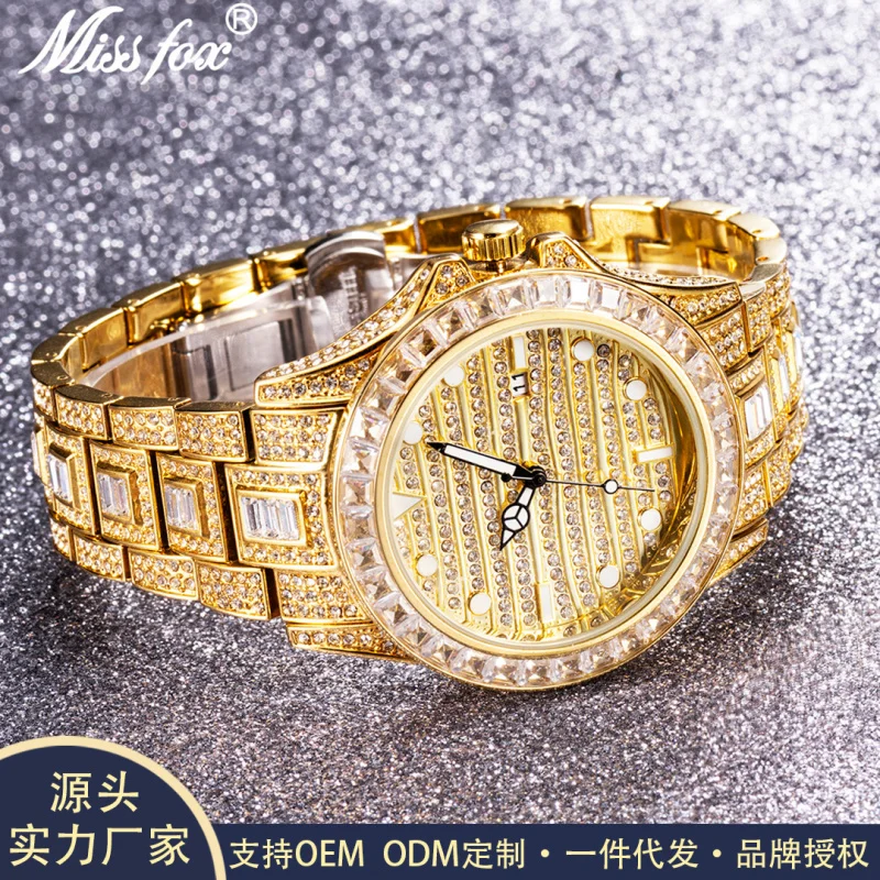 

Official brand free shippingEuropean and American Famous Steel Belt Fashion Trend Luminous Full Diamond Waterproof QuartzMen's W