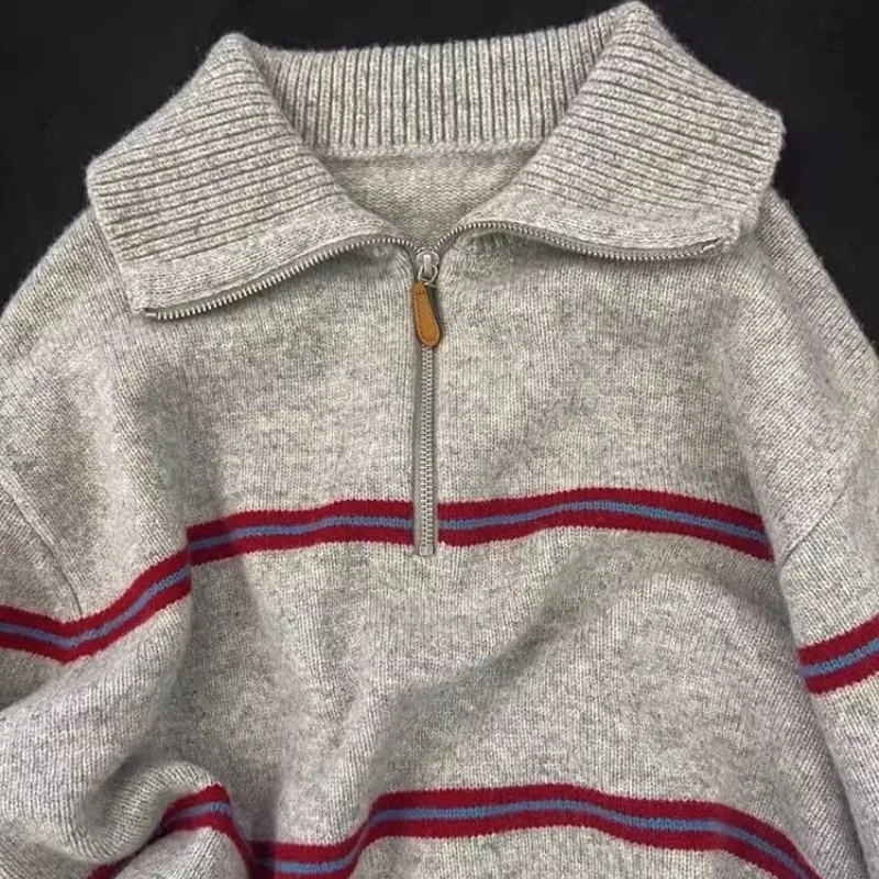 

Новый осенне-зимний полосатый женский свитер на молнии с лацканами, свободный ленивый повседневный контрастный свитер, пуловер для мужчин и женщин, вязаные топы