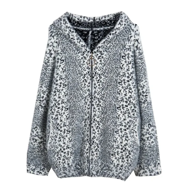 Herfst Winter Luipaard Print Bontjas Vrouwen Gebreid Vest Korte Jassen Faux Nertsen Bont Capuchon Batwing Mouw Dikker Bovenkleding