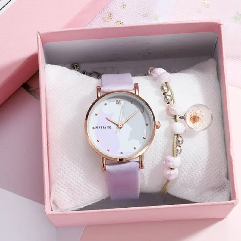 Kids Watches Cat Pattern Quartz Children Wristwatch Girls Watch Leather Cute Bracelet Set Fashion Sales Clock New Relogio Montre