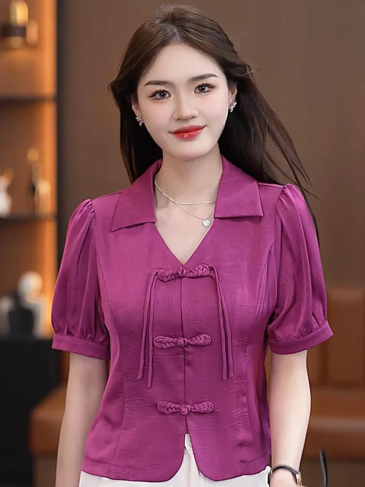 

New Chinese Sle ort Sve Button up irt Women's Retro National Faion Top Ladies Summer 2026 Small Size Premium irt