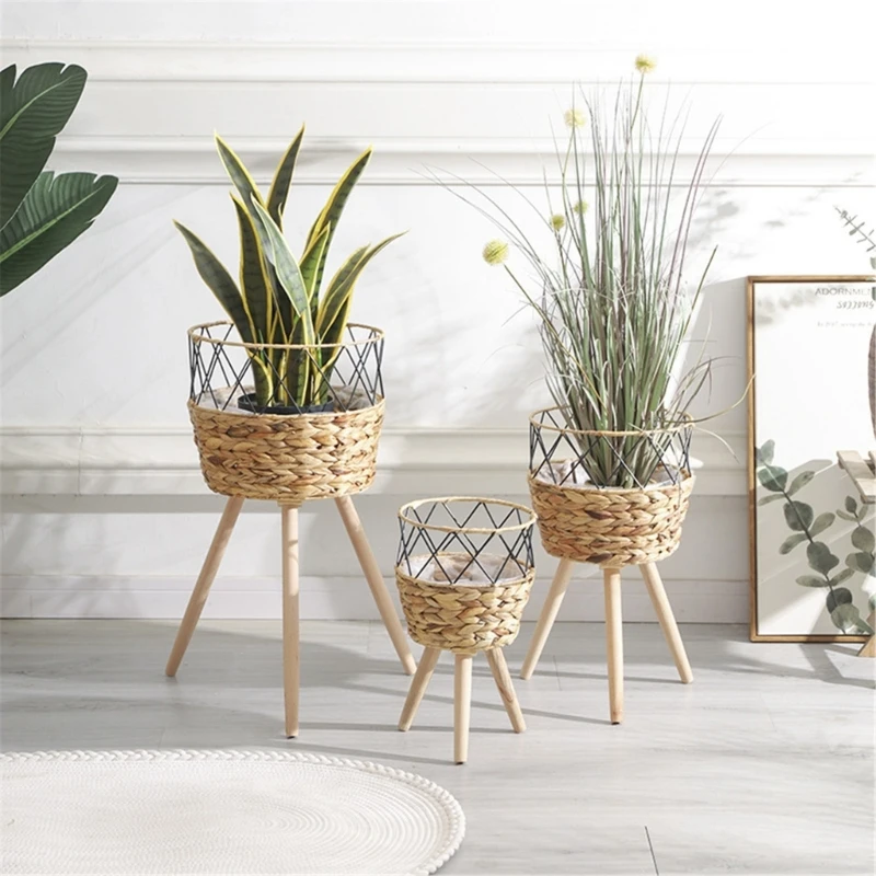 Handwoven Plant Basket Wooden Rack Indoor Outdoor Planter Stand Garden Flowerpots Storage Container for Plantable Decor