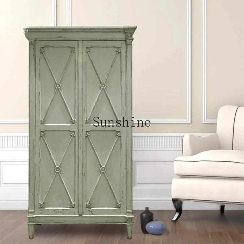 

French rural retro small apartment old double door solid wood cloakroom cabinet