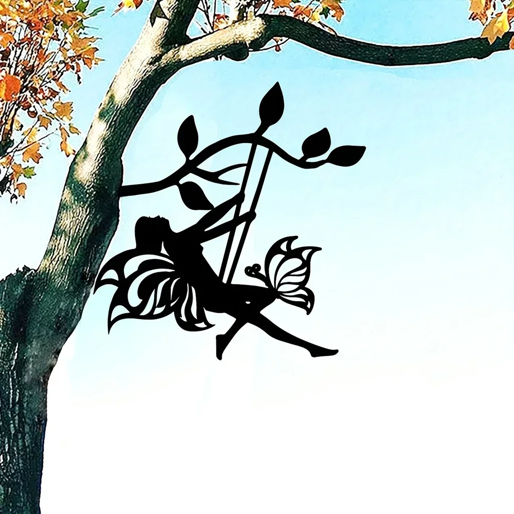 

1pc Swing Elf On Branch Steel Silhouette Metal Wall Art: Perfect For Birthdays, Housewarming Gifts & Outdoor Decoration