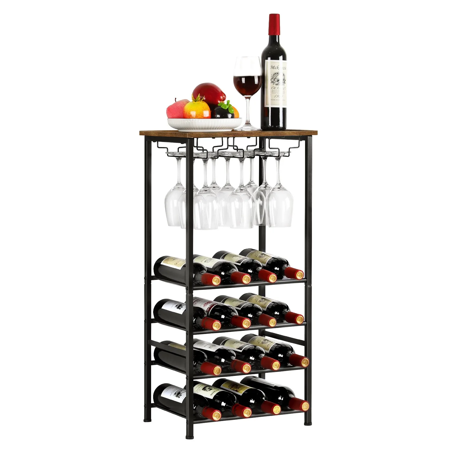

Freestanding Wine Rack Rustic Wood Bottle Holder Stand with Storage Shelf for Home Bar Kitchen Decor Modern Wine Display