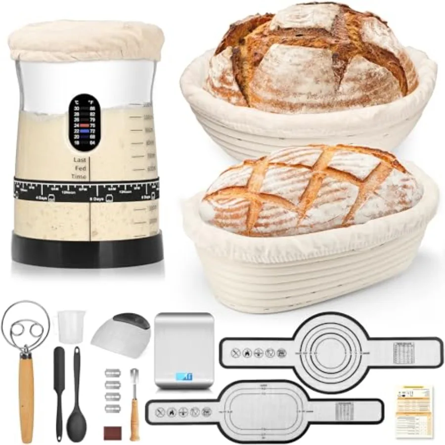

Pro Sourdough Starter Kit- 50oz Large Capacity Sourdough Starter Jar17 Flavor Recipes 2 Bread Proofing Baskets Food Scale Bench