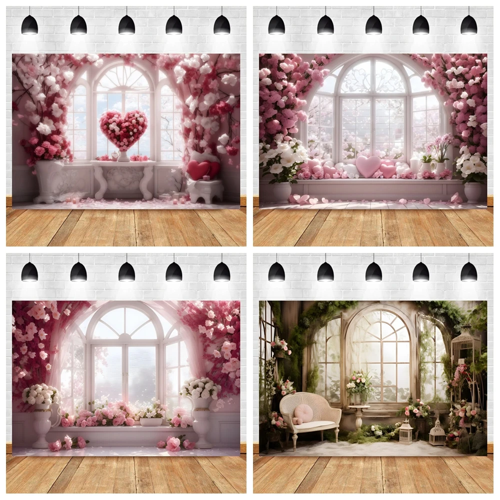 Pink Flowers Garden Arched Floor-To-Ceiling Windows Valentine\'s Day Photography Background Baby Girls Portrait Indoor Backdrop