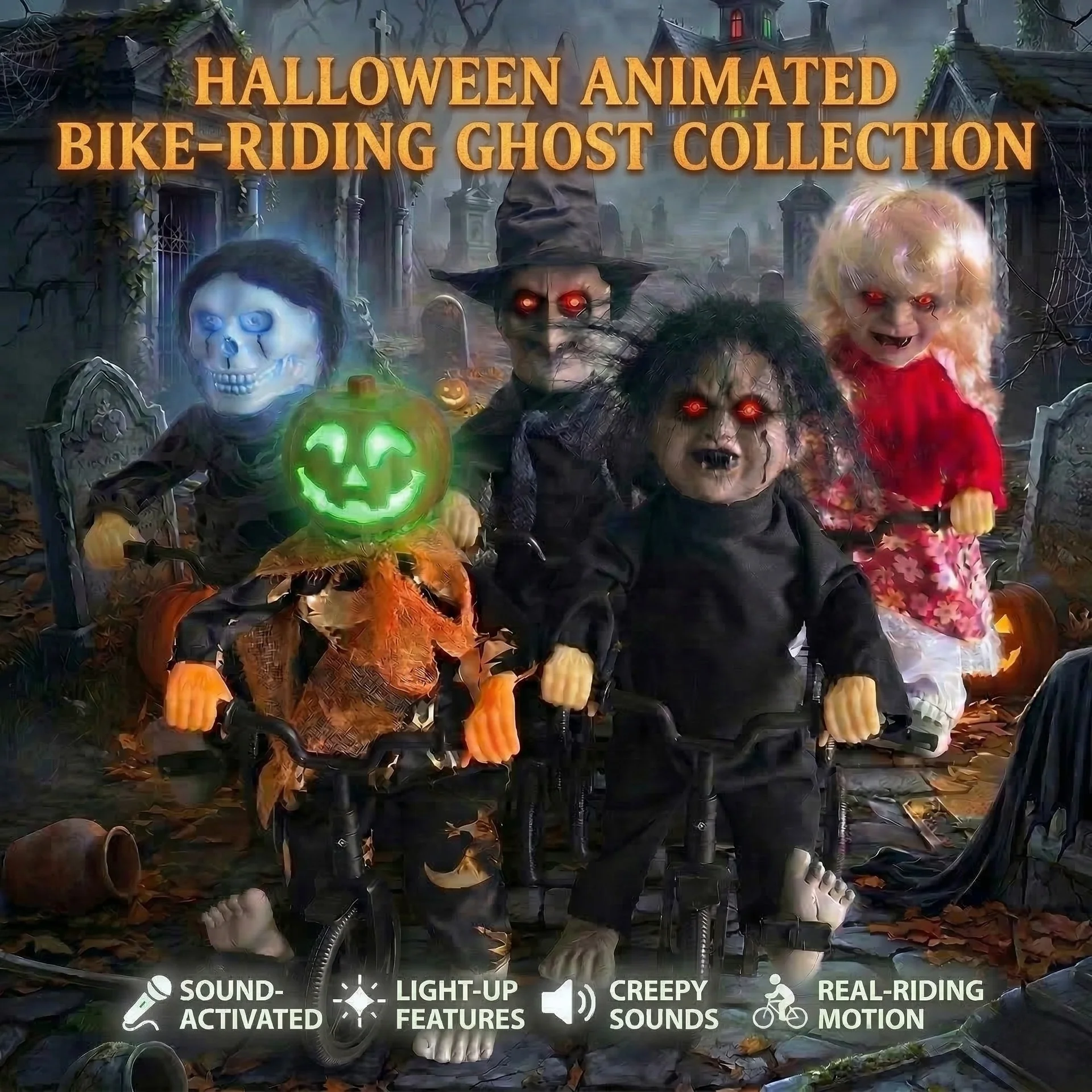 Electric LED Voice Control Halloween Doll, Riding Bicycle Pumpkin Witch Skeleton Horror, Prank Toy Party Haunted House Decoratio