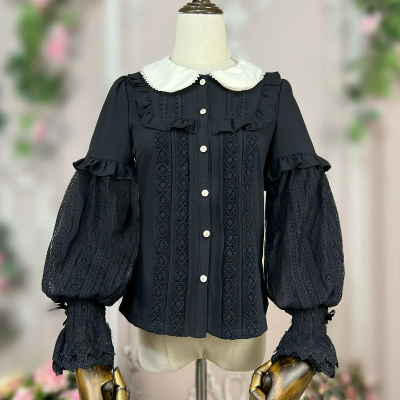 Vintage Elegant Lantern Sleeves Lolita Shirts Women Kawaii Lace Ruffles Peter Pan Collar Cotton Blouses Victorian Gothic Y2k Top