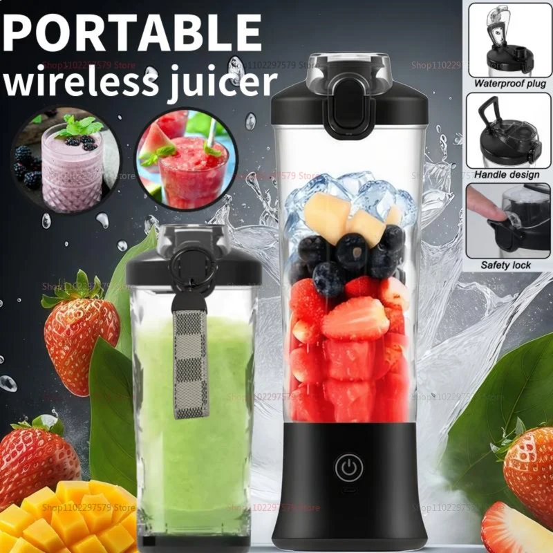 Exprimidor de frutas eléctrico portátil de 600ml, máquina mezcladora, Mini licuadora de jugo de fruta recargable por USB con 6 hojas, taza de jugo compacta