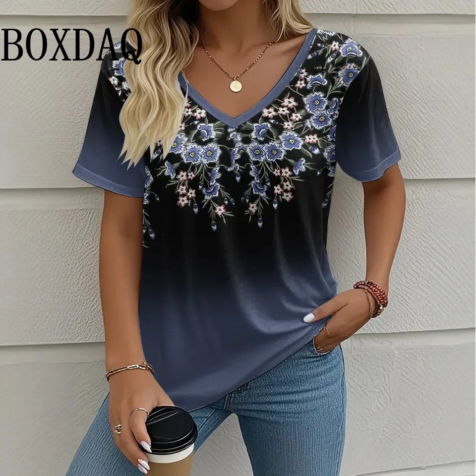 

Summer Casual V-neck Women's T-Shirts Funny Flowers 3D Print Short Sleeve Tees Fashion Street Female Clothing Summer Loose Tops