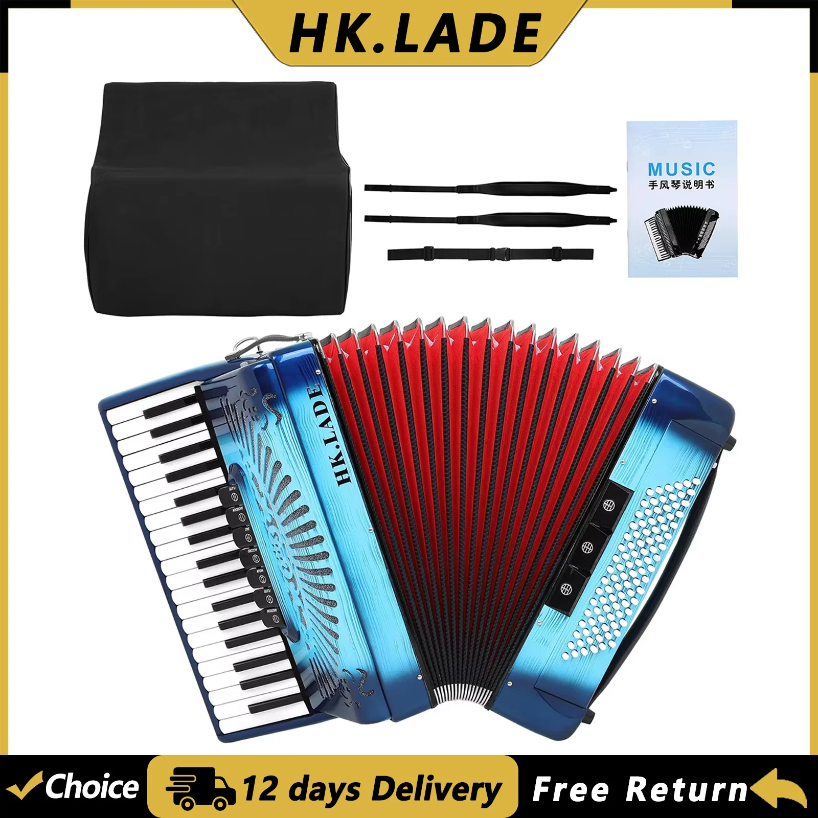 HK.LADE AH-290 37 Keys 96 Bass Accordion Professional Accordion with Bag Strap Keyboard Instrument for Grading Performance