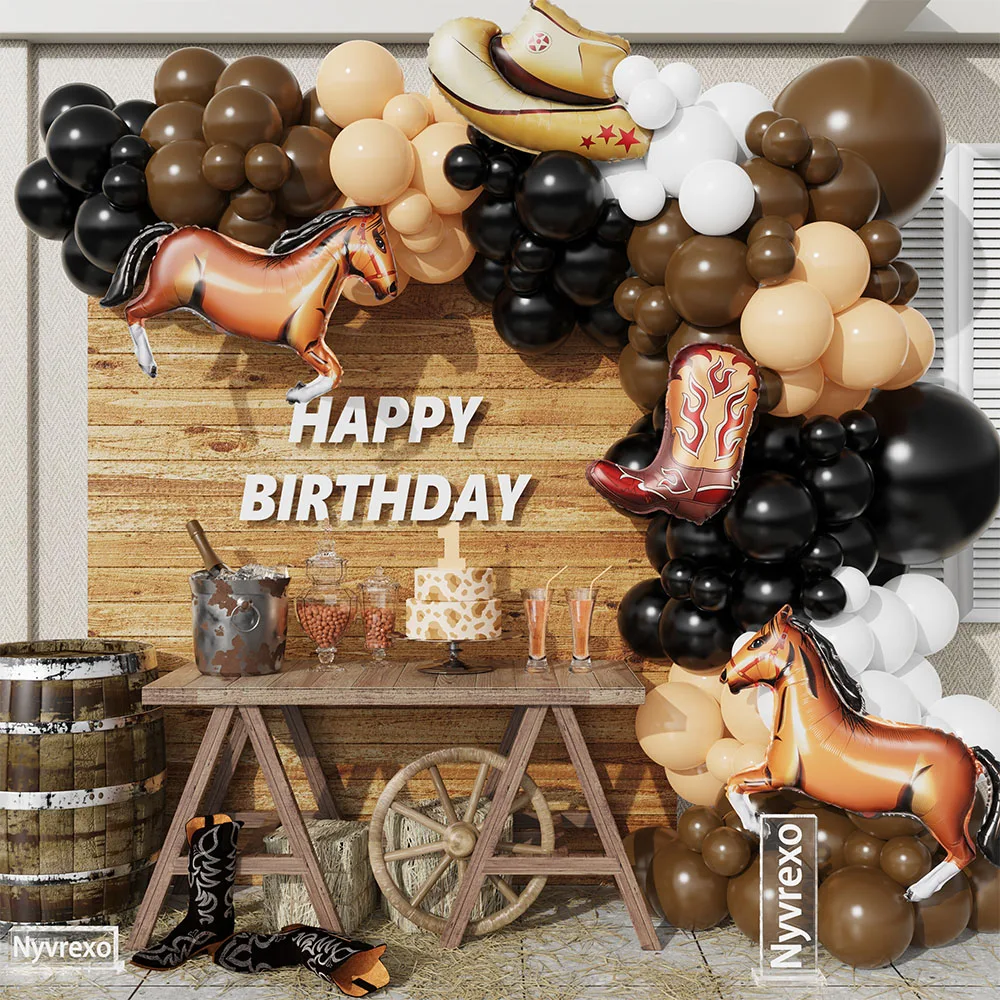 

108Pcs Western Balloon Garland Kit Coffee Brown Horse Cowboy Hat Boots Foil Balloon Baby Shower Birthday Farm Party Decor Globos