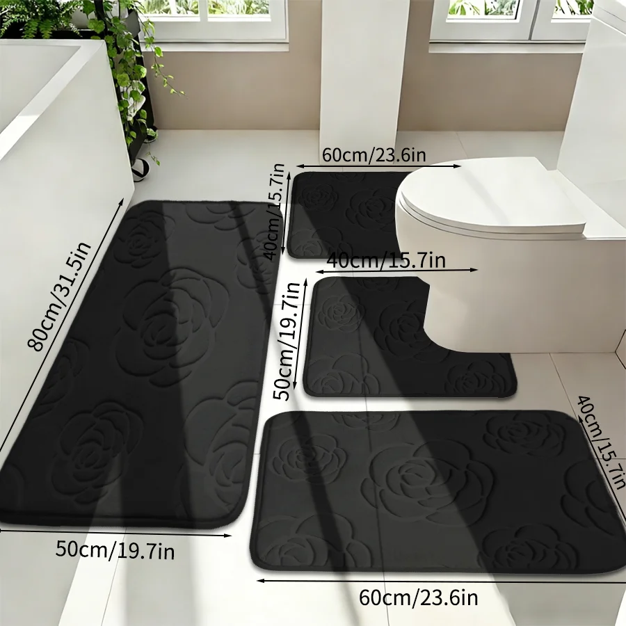 4Pc Coral Fleece Rose Embossed Bathroom Mat Set: Water-Absorbent Non-Slip Memory Foam Foot Mats, Soft Bathroom Toilet Carpet, Comfortable Standing Mat, U-Shaped Toilet Mat