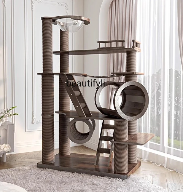 Large solid wood cat climbing frame cat nest cat tree integrated cat castle lacquered black walnut color