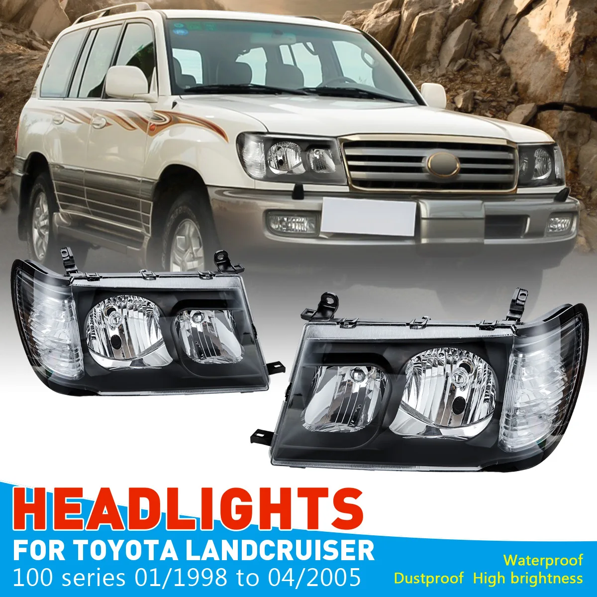 Car Headlight For Toyota Land Cruiser 100 Series 1998-2005 Auto Head Lamps w/Halogen Bulbs