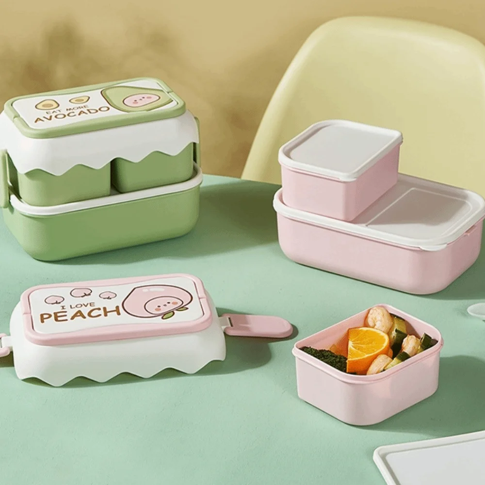 

Double Layered Cartoon Lunch Box Drop-proof Fruit Pattern Plastic Lunch Box Microwaveable Rectangular Compartment Lunch Box