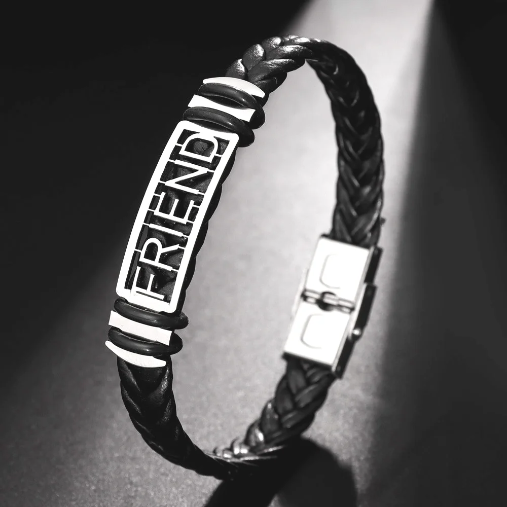 Trendy Stainless Steel Letter Friend Leather Bracelet Charm Men's Bracelet Fashion Hip-Hop Punk Accessories Jewelry Gift Wholesa