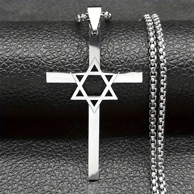 Retro Hollow Star of David Cross Pendant Necklace Fashion Titanium Steel Fade-Proof Necklace Personalized Unisex Trendy Jewelry