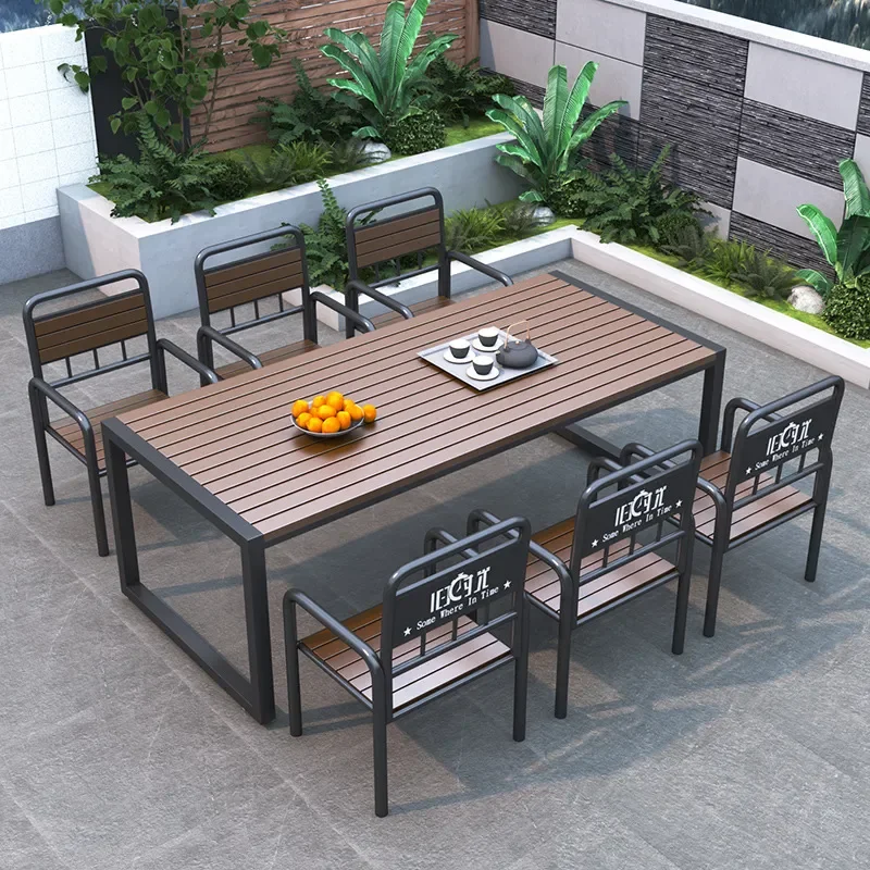 Rustproof Outdoor Garden Table and Chair Set Waterproof Plastic Wood Patio Furniture for Cafe Milk Tea Shop Leisure Use