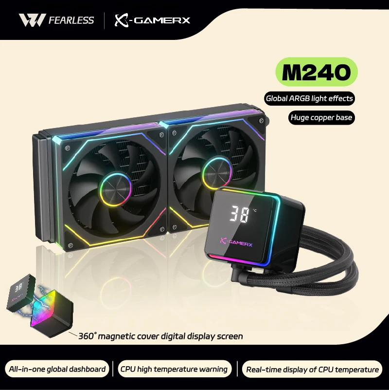 

Охладитель воды X-GAMER PowerTrain M240, 240 мм, глобальные световые эффекты ARGB, 360 ° Магнитная крышка цифровой экран Aio кулер процессора