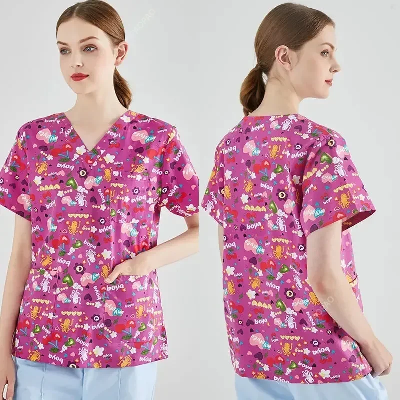 Printed Nurse Scrub Tops Veterinary Medical Scrubs Uniform for Women Dentisit V-Neck EDS Vet Workwear Nursing Coat