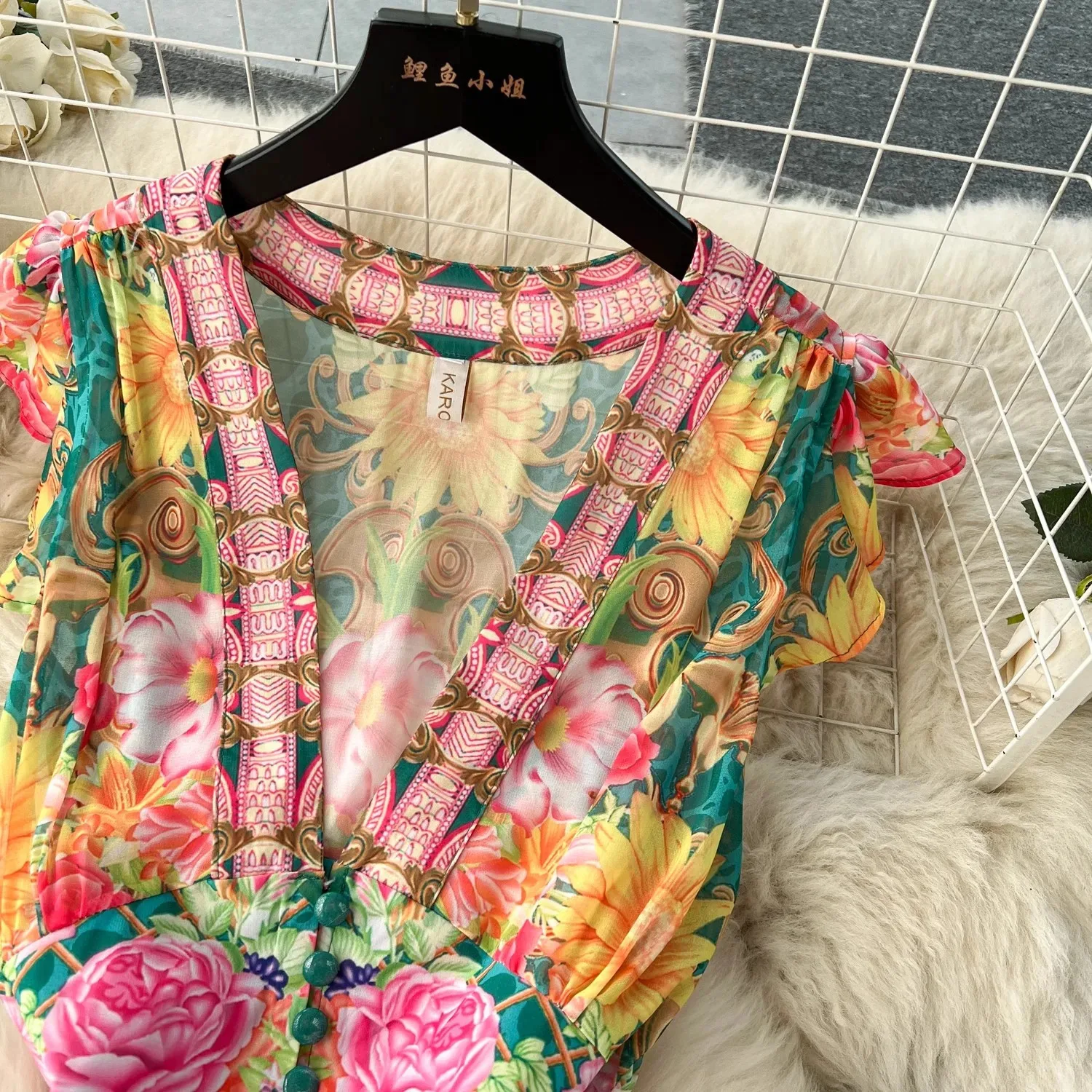 Women Midi Floral Chiffon Dress Summer Holiday Ruffles Chic Flower Print Pleated Loose Clothing 2024 Print Buttons Robe Vestidos
