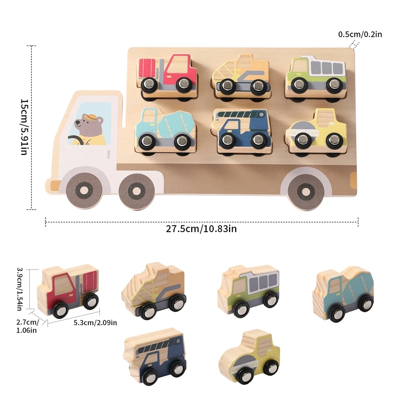 0-3 Jahre Auto-Spielzeug Holz-Baufahrzeug-Set Montessori Formen-Zuordnungspuzzle mit 6 Stück Baufahrzeuge Lernspielzeug – Detail 14