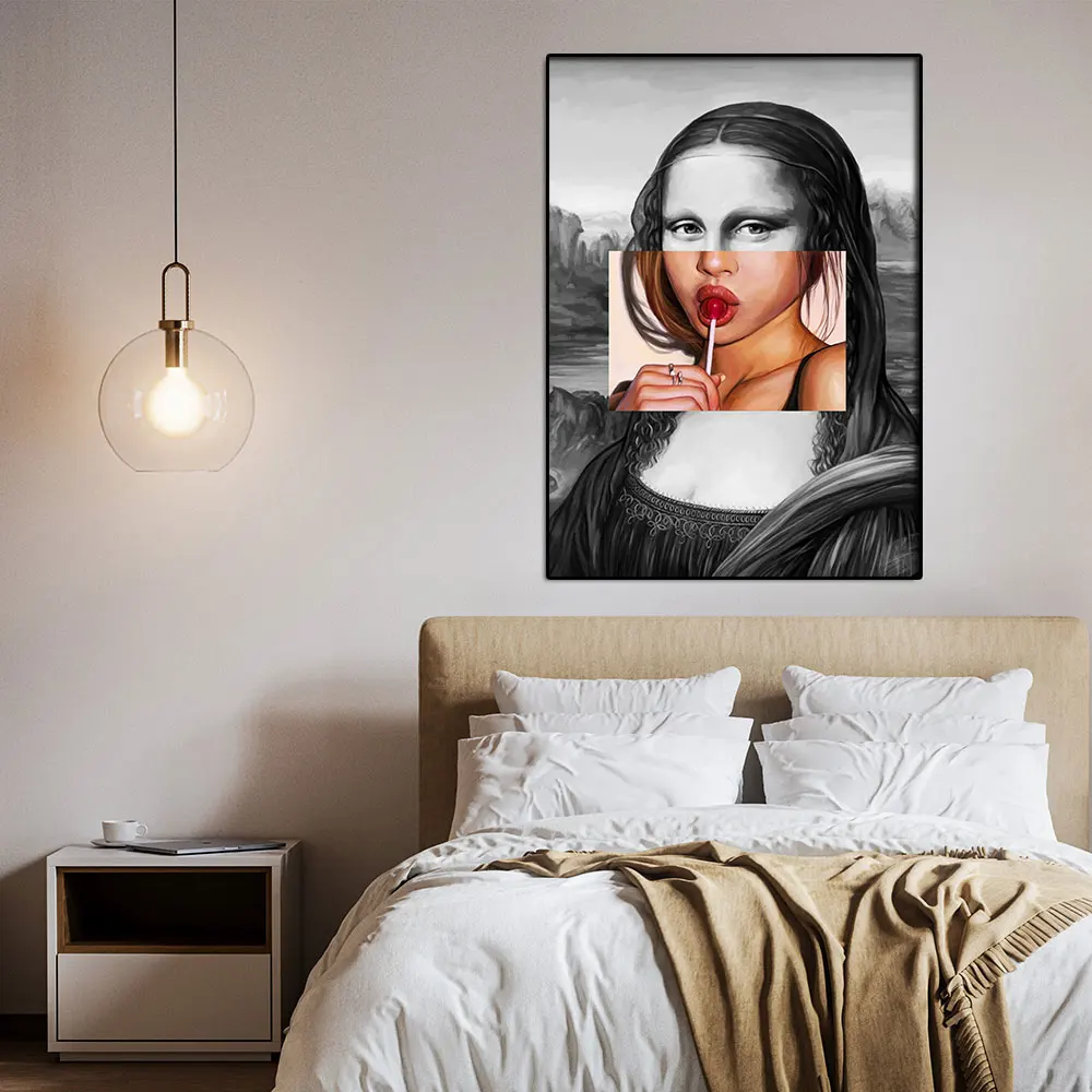 Mona Lisa With Sexy Girls Print Creative Famous Canvas Painting Woman Eat Lollipop Posters Wall Art For Room Home Cuadros Decor