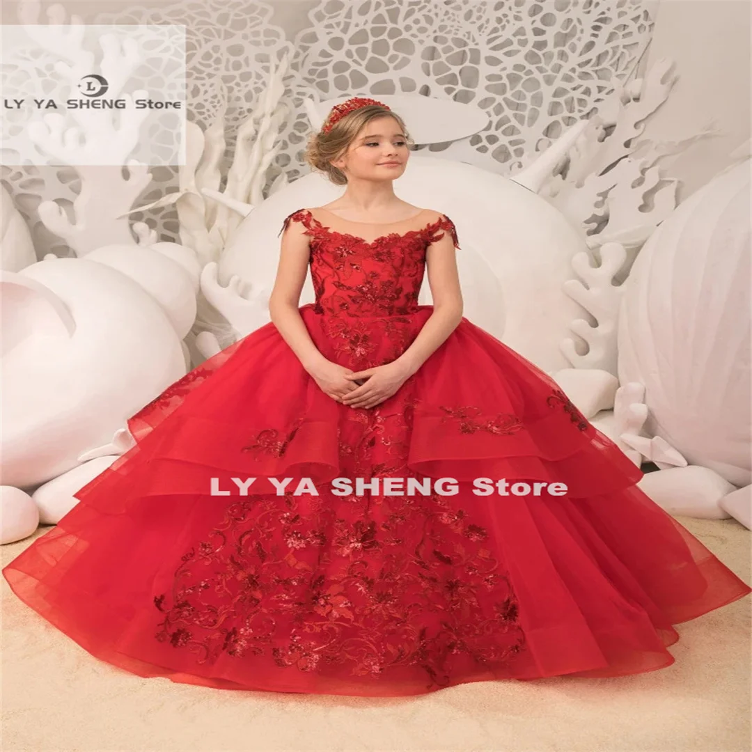 Robe de demoiselle d'honneur en tulle rouge superposé, appliques en fibre moelleuse, robe de princesse de mariage, robe de fête d'anniversaire charistique, première année, enfant