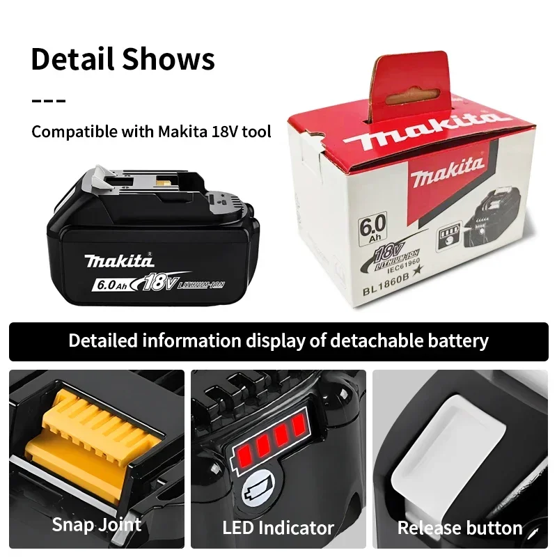

Makita Original packaging18V 6000mAh rechargeable power tool battery, replace lithium-ion LED LXT BL1860B BL1860 BL1850makita18V