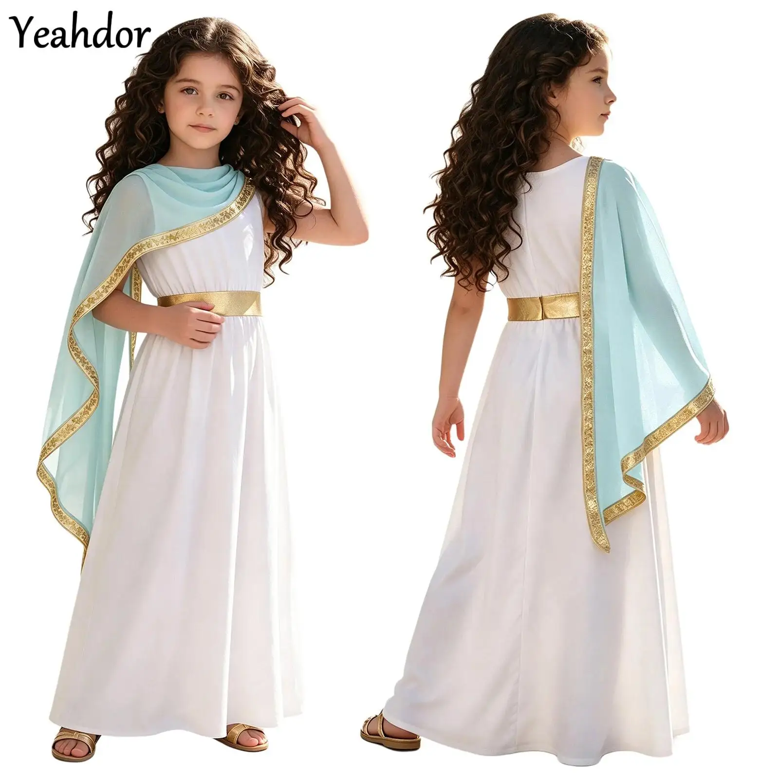 Girls Ancient Greek Roman Toga Athena Costume Sleeveless Metallic Gold Trim Shawl Lyrical Dance Dress Halloween Stage Performanc