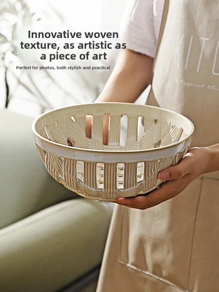 Modern Housewife Wicker Weaving Ceramic Fruit Tray Living Room Coffee Table Decoration Candy Tray Snack Fruit Basket Bowl view 4