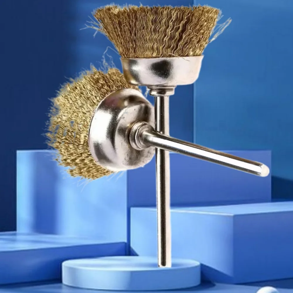 10Pcs 25mm Brass Steel Wire Cup Brush Brushes Mandrel Diameter 3mm Shank Shaft for Die Grinder Rotary Power Tools