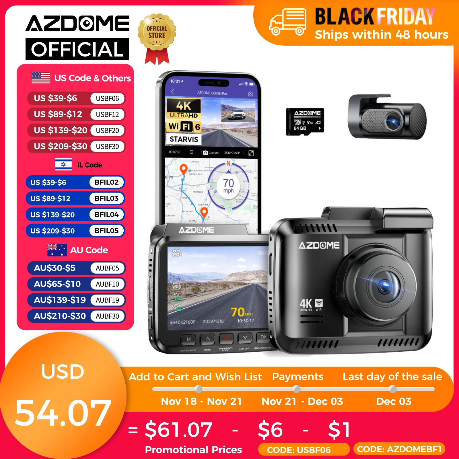 AZDOME Dash Cam GS63H Pro 4K+1080P Dual-channel Record 2.4'' IPS Screen GPS WiFi 6 APP 130° FOV Car DVR 24H Parking Monitor