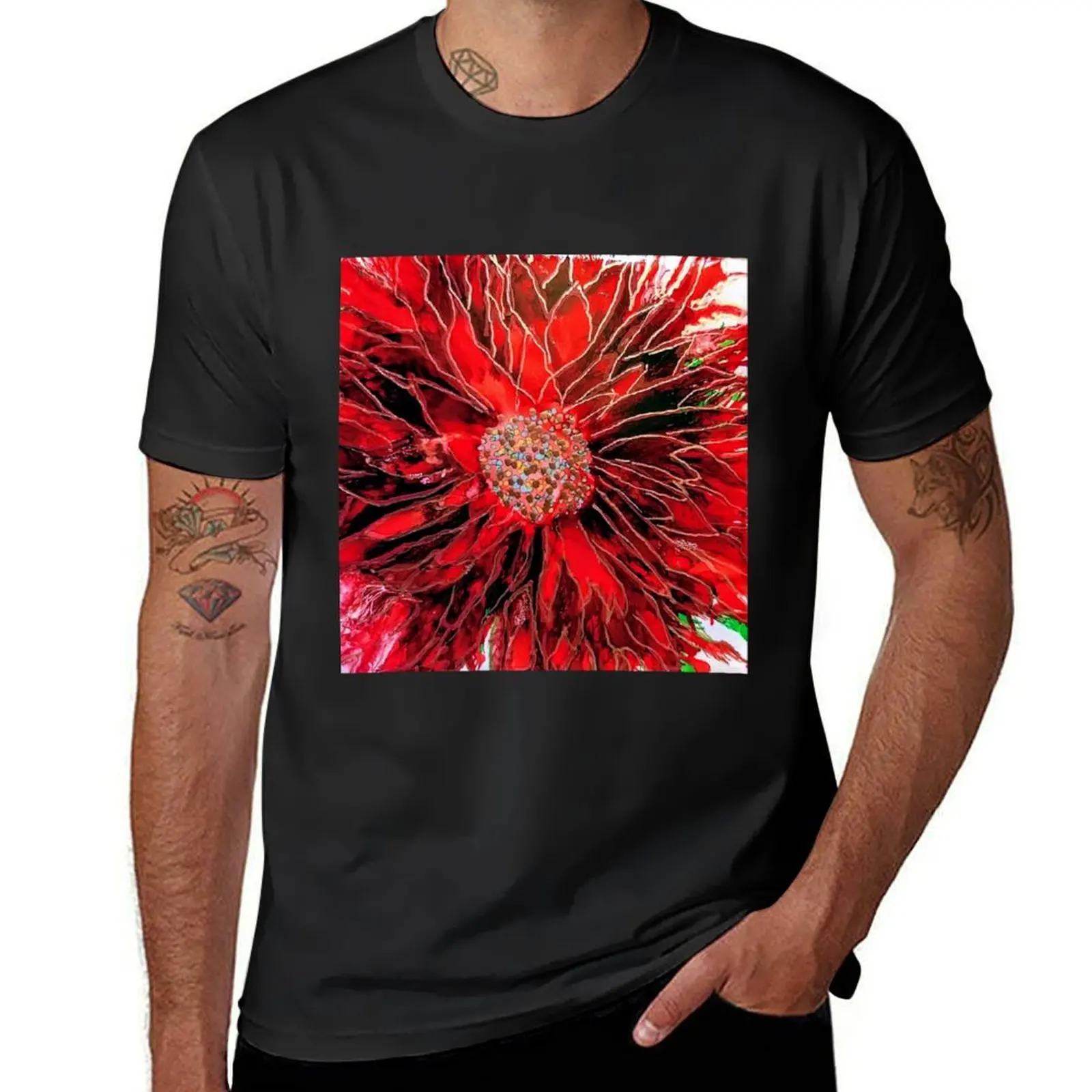 Red poinsettia T-shirt quick drying Blouse korean fashion shirts graphic tees black t shirts for men