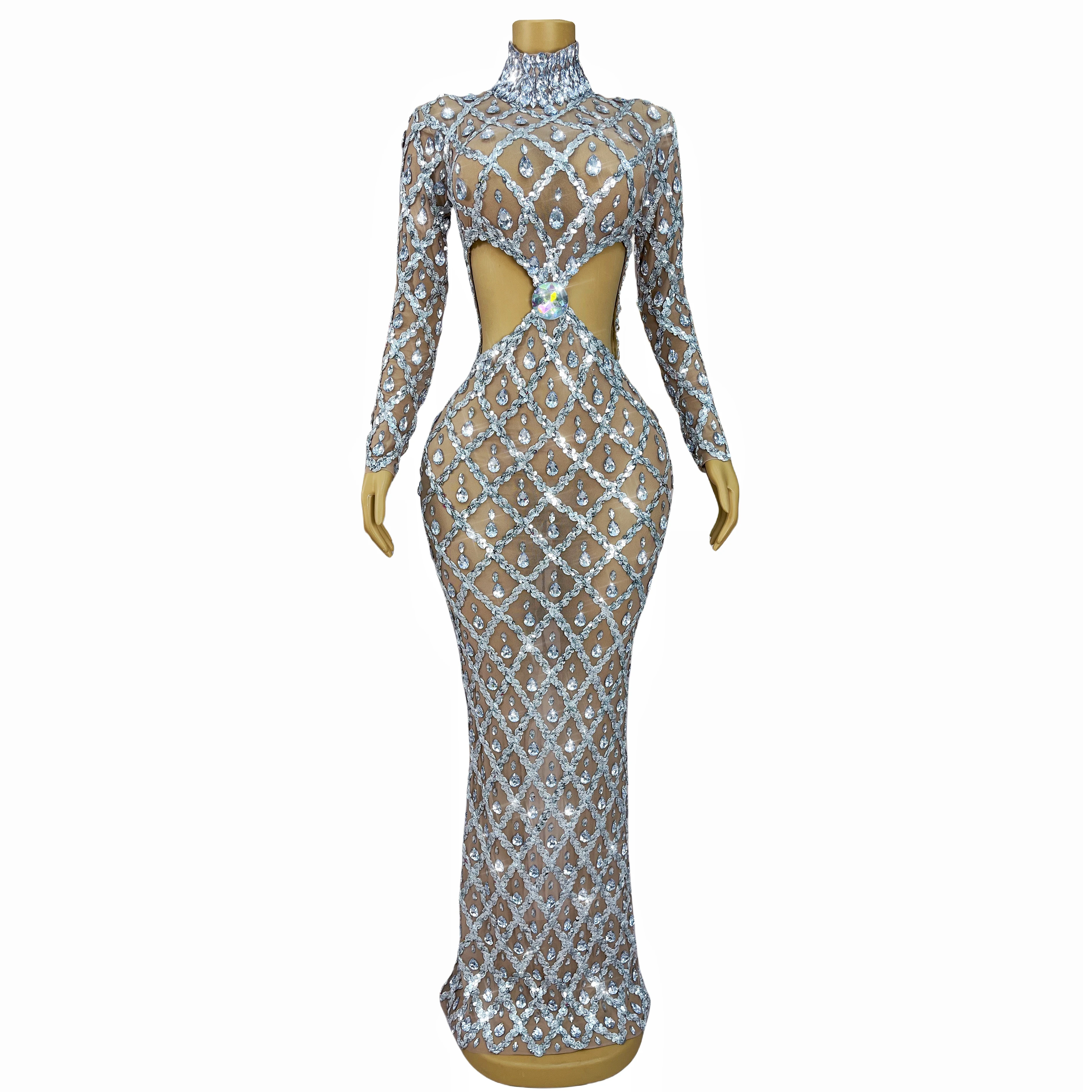 Sexy Hohltaille Transparent Mesh Sparkly Silber Strass Kleid Party Abend Feiern Outfit Modenschau Kleid Shaokaojia