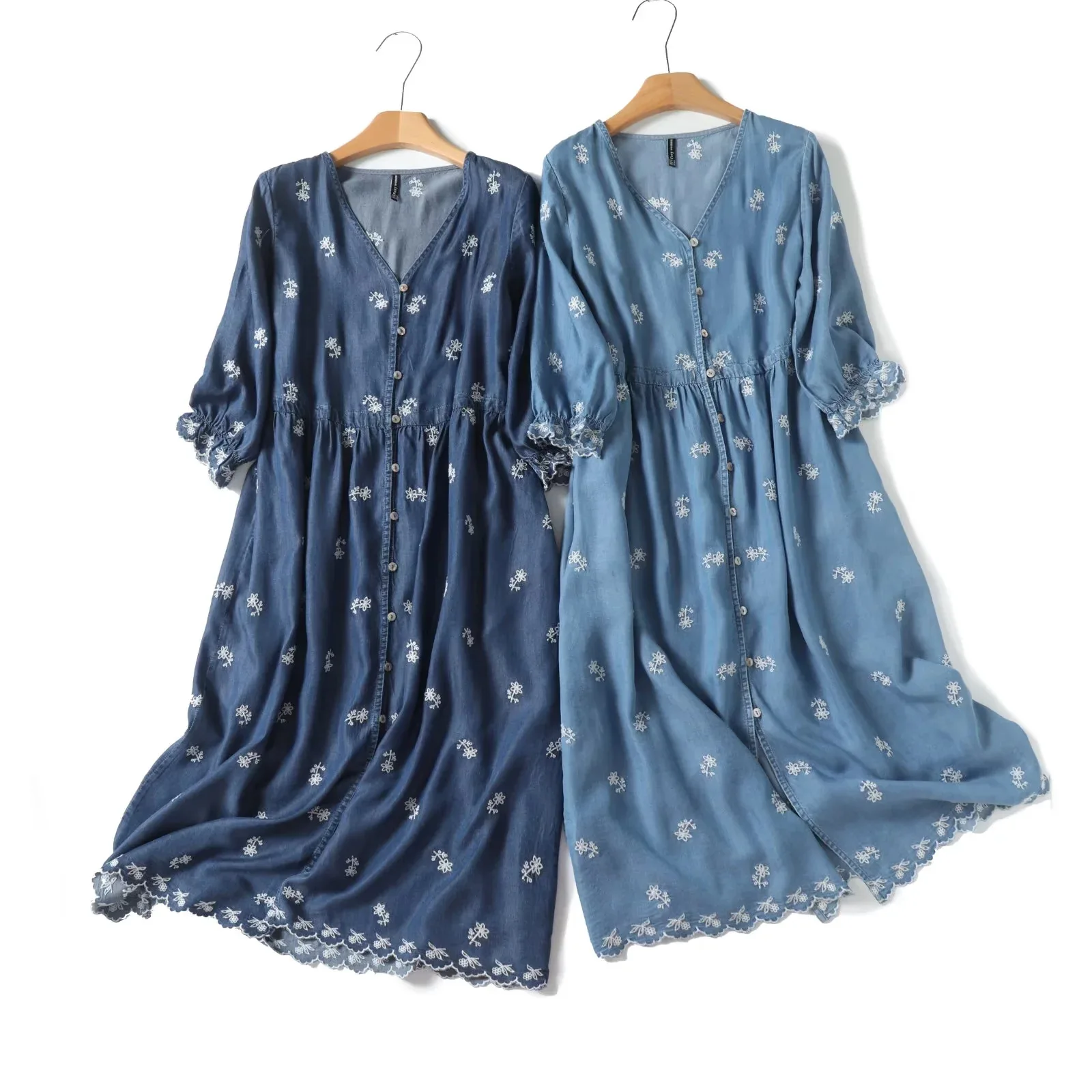 Vestidos bordados de mezclilla bohemios para mujer, cuello en V, Retro, Media manga, azul, camisa de Jean, verano, otoño