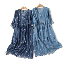 Autumn Boho Denim Embroidery Dresses Women Summer V Neck Retro Half Sleeve Blue Jean Shirt Dress