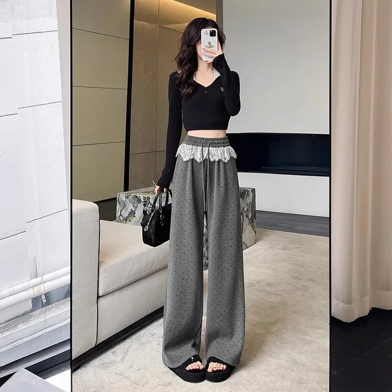 

Повседневные широкие брюки с кружевным узором в горошек, на резинке, облегающие, расклешенные, универсальные, дышащие, палаццо, с высокой талией, прямые брюки