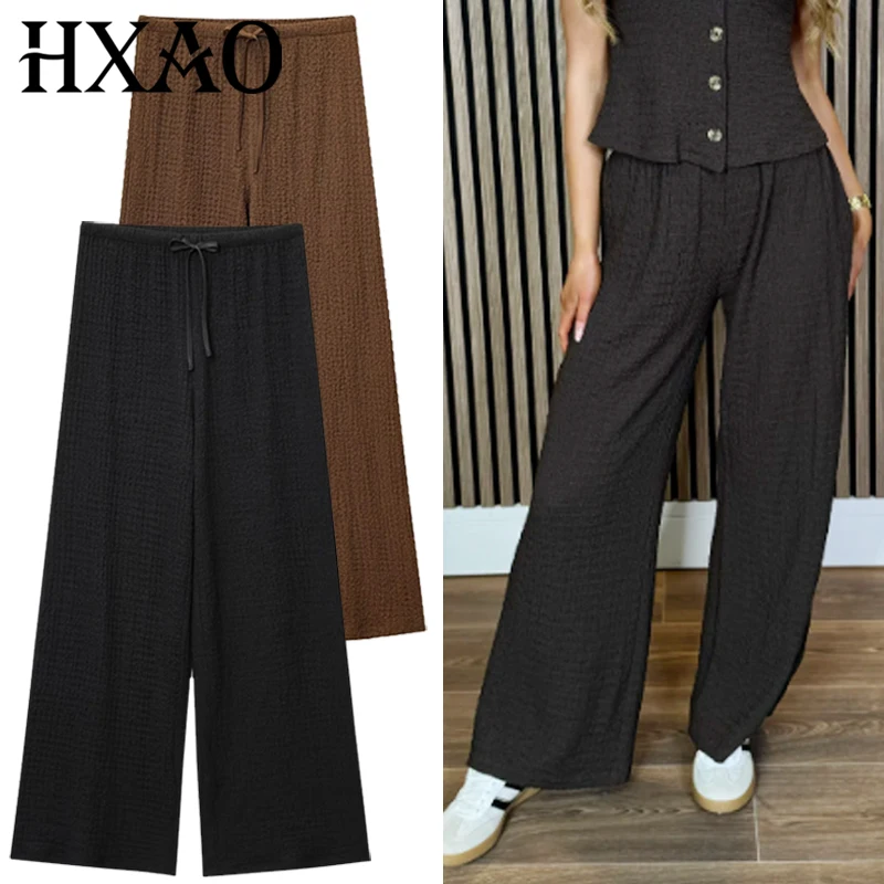 HXAO المرأة محكم السراويل الفضفاضة صيف 2025 أسود براون بنطلون الدانتيل متابعة عالية الخصر فضفاض مستقيم صالح بنطلون سراويل تقليدية